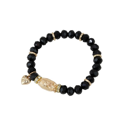 [{78807] Pulsera Elastica Negra con Dije Dorado Virgen de Guadalupe y Corazon