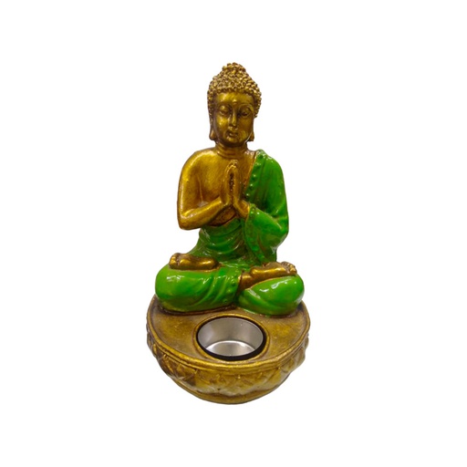 Porta Velas Buda Resina con Manto Verde 17cm