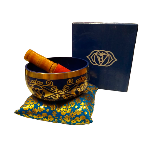 Set Caja Cuenco Azul + Zafu 7 Chakras 12,5cm con Baqueta de Felpa (Sexto Chakra)