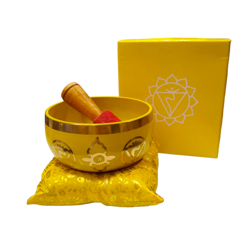 Set Caja Cuenco Amarillo + Zafu 7 Chakras 12,5cm con Baqueta de Felpa ( Tercer Chakra)