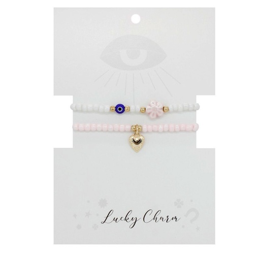 Set Pulseras Elasticas Blanca y Rosa con Dije de Flor, Ojo Turco y Corazon