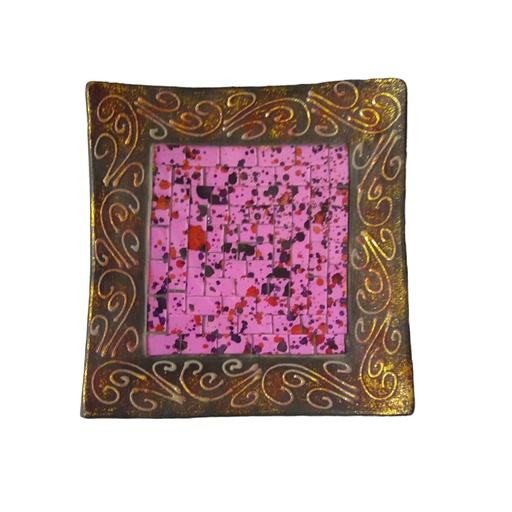 Plato Mosaico Fucsia con Detalles Dorados 20x20cm