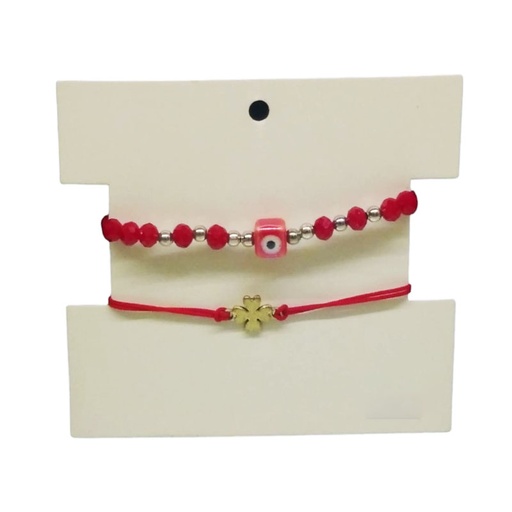 Set Dos Pulseras Elastica y de Hilo Roja Ojo Turco Y Trebol