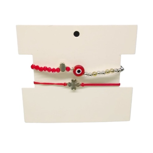 [¨62601] Set Dos Pulseras Elastica y de Hilo Roja con Ojo Turco y Trebol