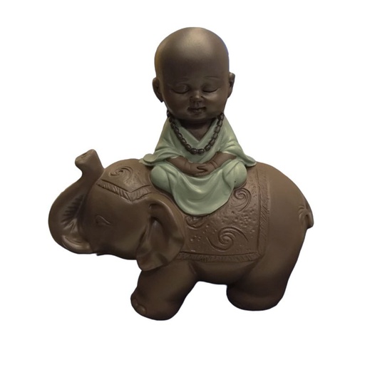 [ART101169] Buda Bebe Negro Manto Verde con Elefante 12cm