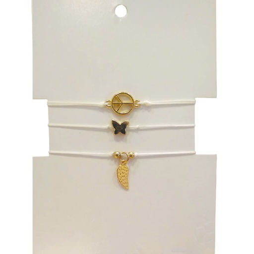 Set Tres Pulseras de Hilo Blancas con Signo de la Paz, Mariposa y Ala