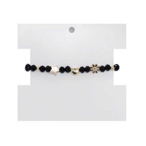 Pulsera Negra con Estrella, Corazon y Flor Doradas