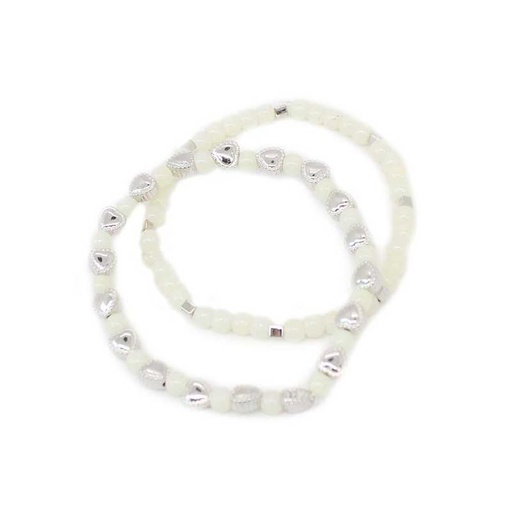 [¨68911] Set Pulseras Elasticas Blancas y Plateadas con Corazones