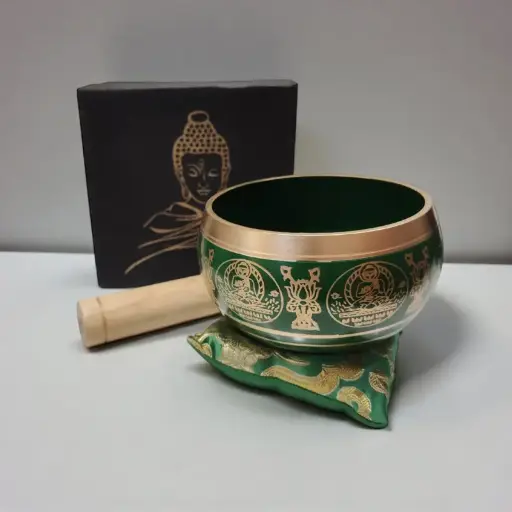 Cuenco Tibetano 11cm Verde con Zafu, Baqueta y Caja Buda