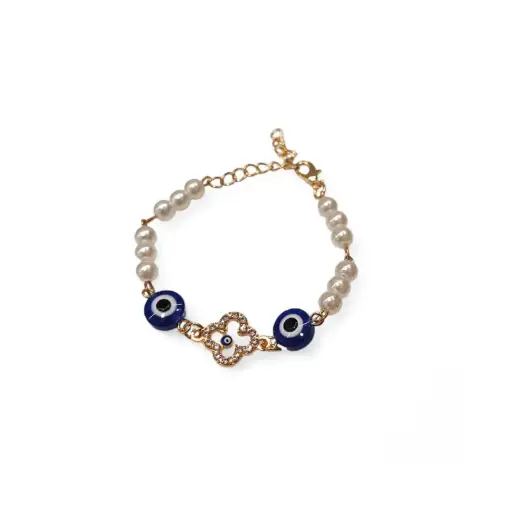Pulsera Trendy Perlas con Ojos Turcos Trebol con Strass