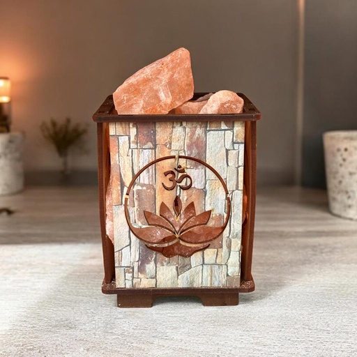 Lampara de Sal Madera Calada Varios Colores con Flor de Loto y Om