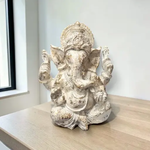 Ganesha Blanca Resina 14cm con Dorado