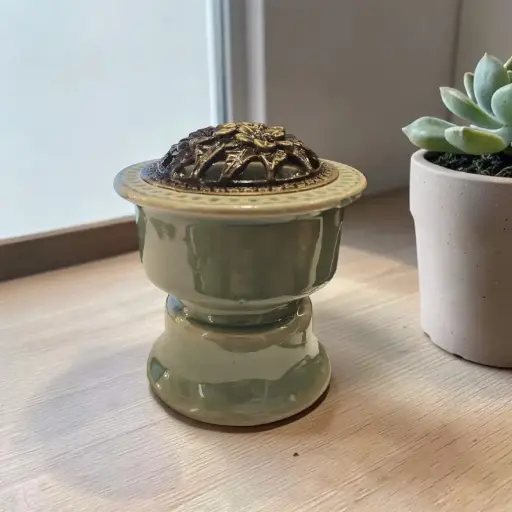 Hornito Cermica Verde Tapa Metal Calada 11.5cm