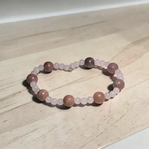 Pulsera Gema Cuarzo Rosa y Rodonita Elastica 