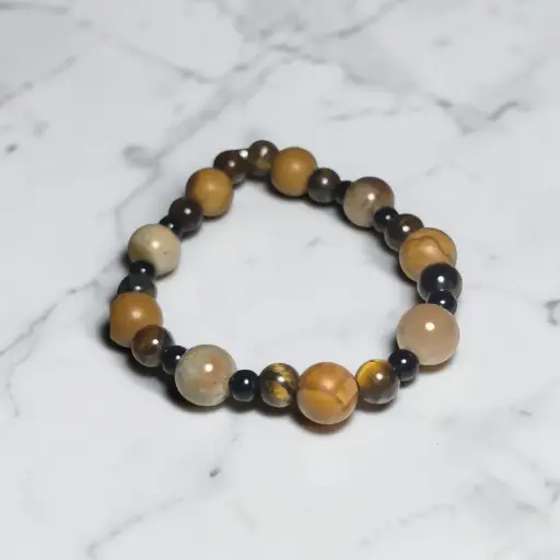 Pulsera Gema Elastica Obsidiana Negra, Jaspe Madera, Ojo de Tigre y Agata Musgosa