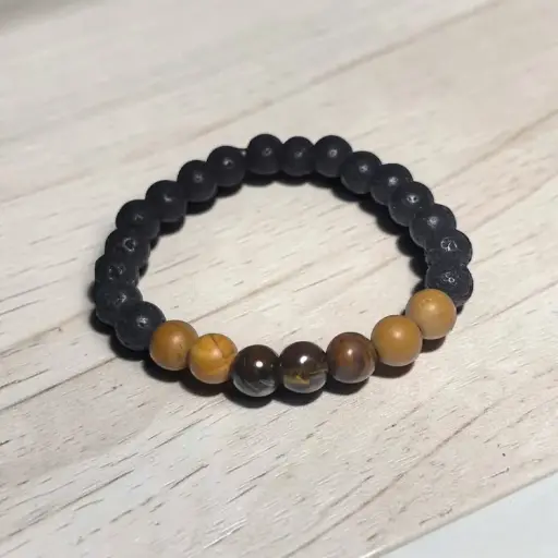Pulsera Gema Elastica Jaspe Madera, Piedra Volcanica y Ojo de Tigre 