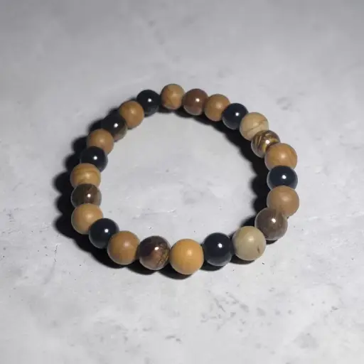 Pulsera Gema Elastica Obsidiana Negra, Jaspe Madera y Ojo de Tigre