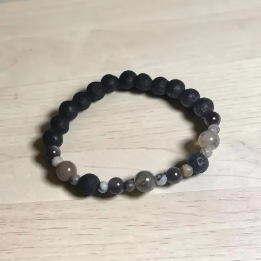 Pulsera Gema Elastica Piedra Volcanica, Agata Musgosa, Obsidiana Plateada y Amazonita