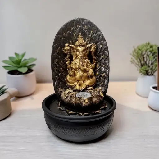 Fuente de Agua Ganesha Dorada con LED 40cm