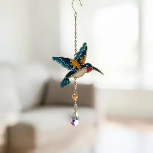 Movil Metal Colgante Colibri Tonos Azules con Atrapasol 35cm