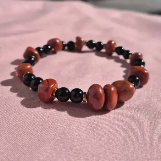 Pulsera Gema Elastica Obsidiana Negra, Jaspe Colorado y Hematite Dorado