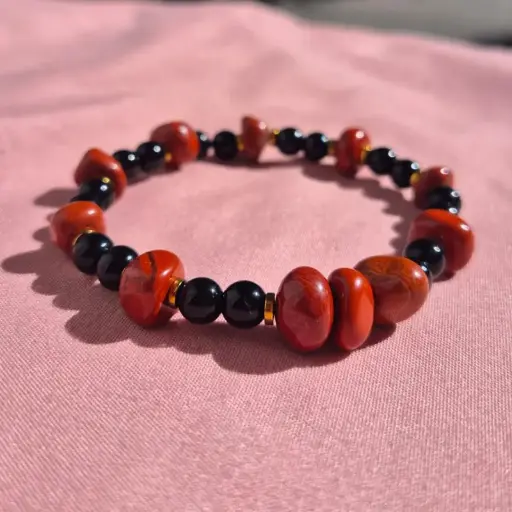 Pulsera Gema Elastica Obsidiana Negra, Jaspe Colorado y Hematite Dorado