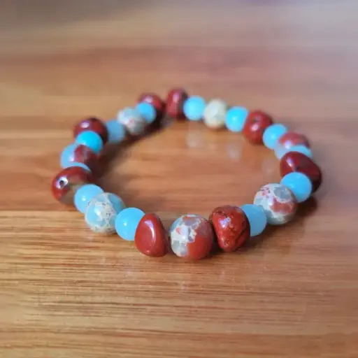 Pulsera Gema Elastica Larimar, Jaspe Colorado y Amazonita