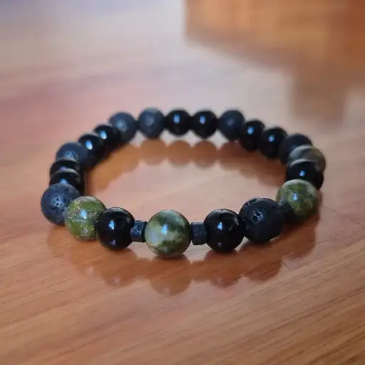 Pulsera Gema Elastica Unakita, Obsidiana Negra y Piedra Volcanica