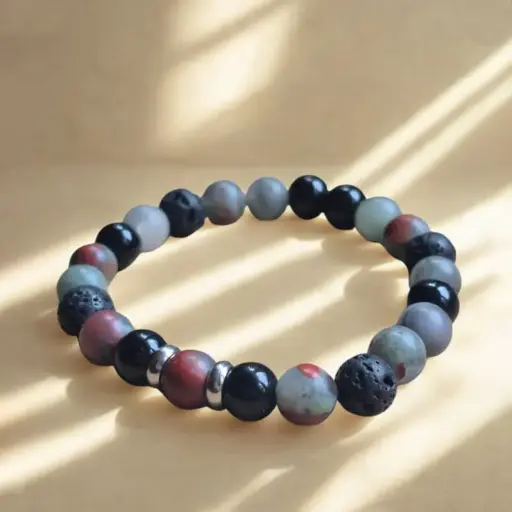 Pulsera Gema Elastica Heliotropo, Obsidiana Negra y Piedra Volcanica