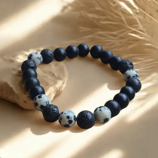 Pulsera Gema Elastica Onix Mate, Jaspe Dalmata y Piedra Volcanica