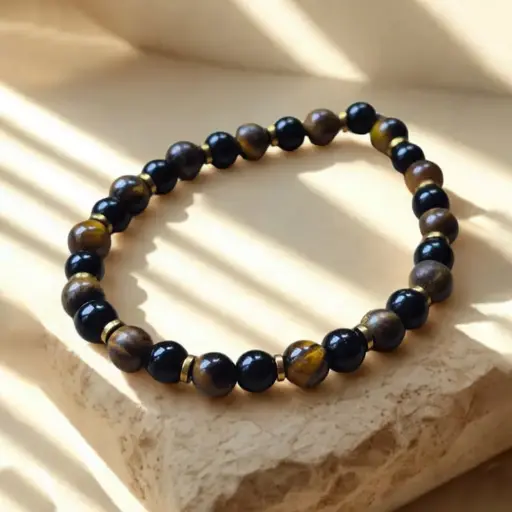 Pulsera Gema Elastica Ojo de Tigre, Hematite Dorado y Obsidiana Negra 