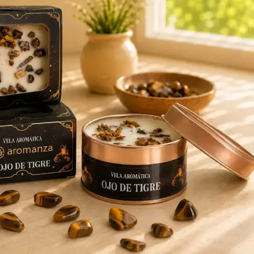 Vela Aromatica Organica con Cristal Ojo de Tigre
