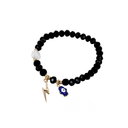 [¨75609] Pulsera Elastica Negro con Mano de Fatima Azul