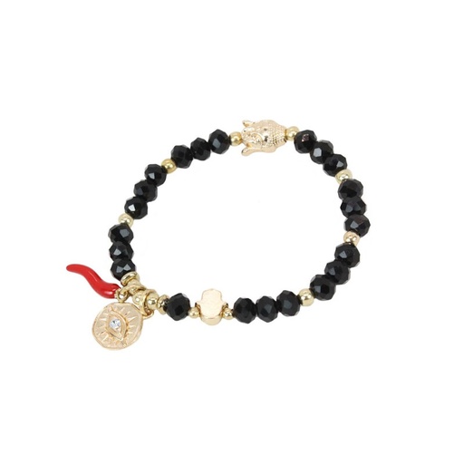 [^75115] Pulsera Elastica Negra con Cuerno, Ojo Turco y Mano de Fatima