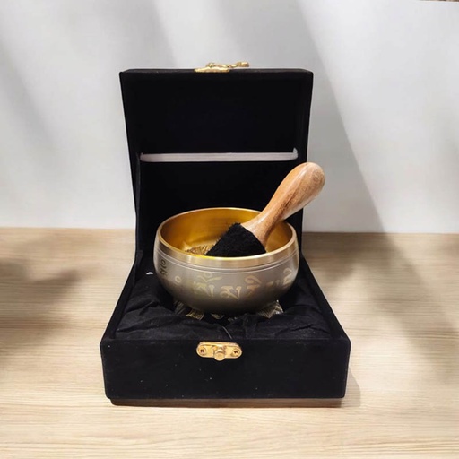 Cuenco Tibetano 10.5cm Dorado con Caja Gamuza y Zafu Negro