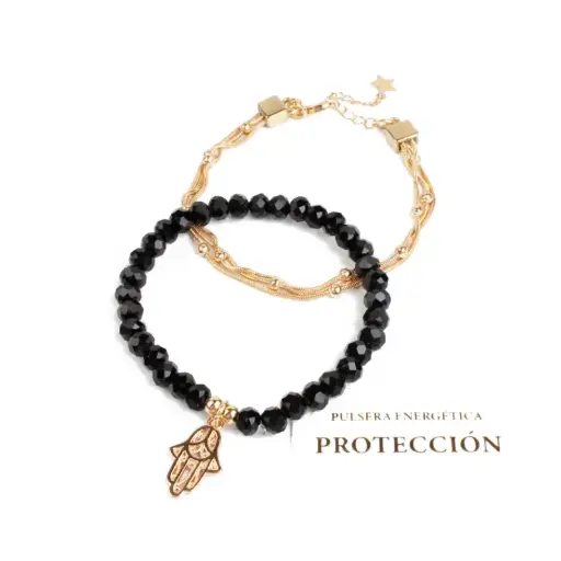[109250] Set Pulseras Cadena Dorada y Elastica Negra con Mano de Fatima