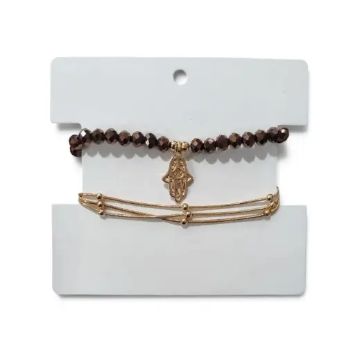 [109250] Set Pulseras Cadena Dorada y Elastica Marron con Mano de Fatima