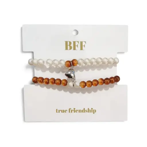 [110217] Set Pulseras Elasticas Blanca y Caramelo Unidas por Corazon Plateado