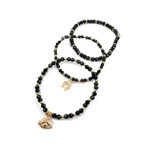 [109926] Set Tres Pulseras Elasticas Negras con Dijes Dorados