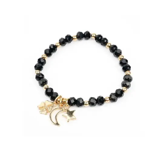 [110274] Pulsera Elastica Negra con Dijes Dorados Luna, Trebol y Estrella 