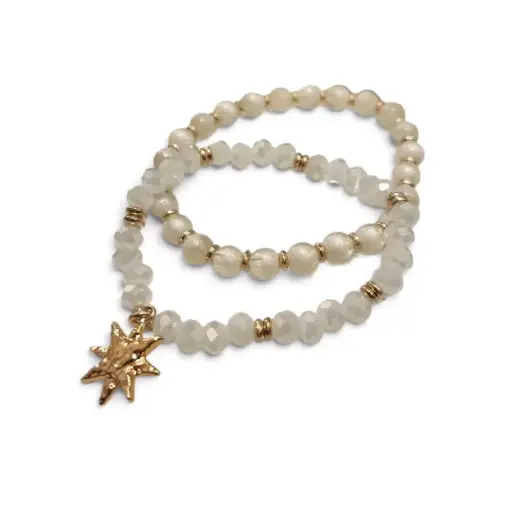 [110152] Set Pulseras Elasticas Blancas con Dije de Sol Dorado
