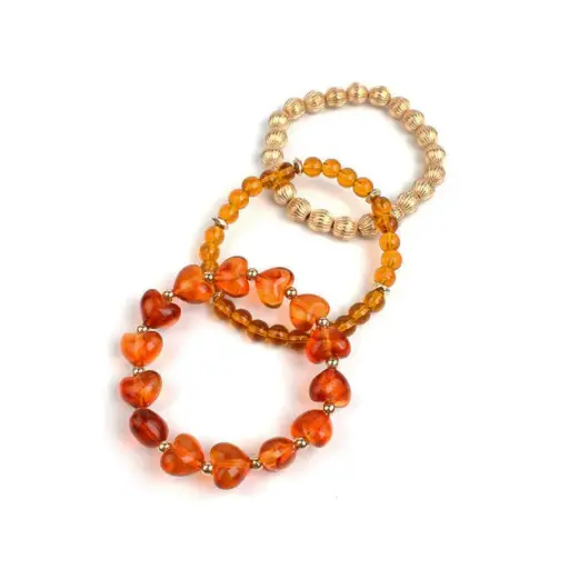 Set Tres Pulseras Elasticas Marbled Heart Ambar y Dorado