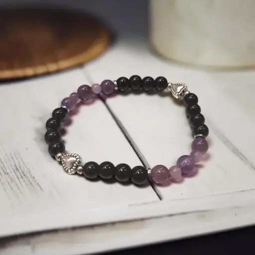 Pulsera Gema Amatista y Obsidiana Negra con Dije Corazon