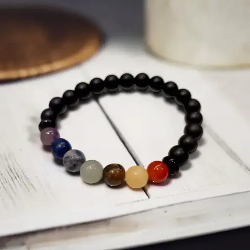 Pulsera Gema 7 Chakras y Onix Mate Elastica