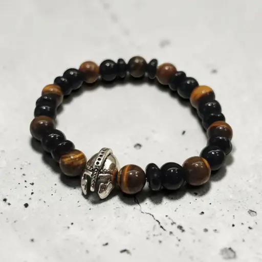 Pulsera Gema Elastica Obsidiana Negra, Ojo de Tigre con Dije Plateado