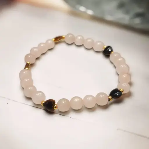 Pulsera Gema Elastica Cuarzo Rosa y Corazones Ojo de Tigre