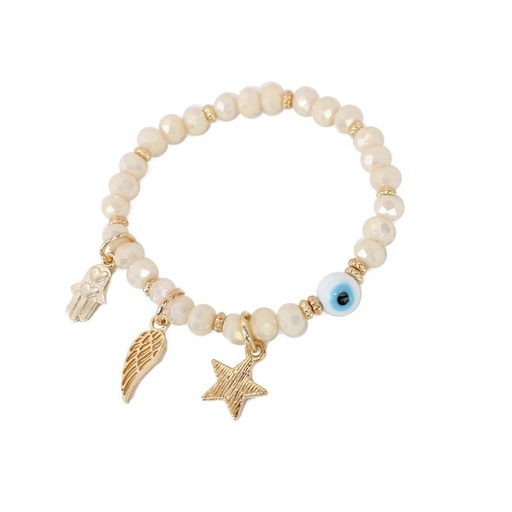 [¨75611] Pulsera Elastica Beige con Ojo Turco, Estrella, Ala y Mano de Fatima