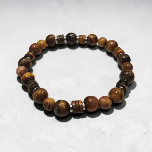 Pulsera Gema Elastica Ojo de Tigre, Jaspe Madera y Hematite 