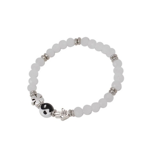 Pulsera Elastica Blanca Yin Yang y Trebol