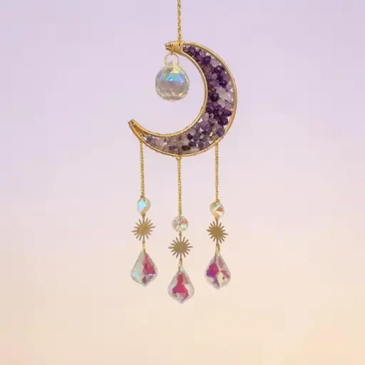 Movil Colgante Dorado de Luna Semillena Amatista (50x10 cm)